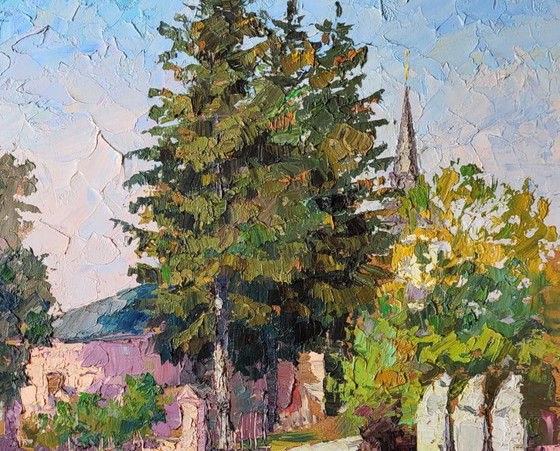 Image 1 of Original Oil Painting Cityscape House Garden Entrance to the Beautiful City