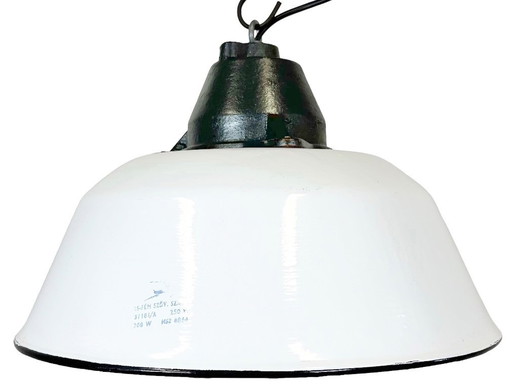 White Enamel and Cast Iron Industrial Pendant Light , 1960s