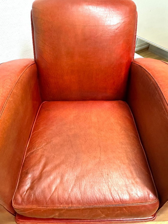 Image 1 of Brocantique Jacques Adnet Art Deco Set: Leren bank, fauteuil en poef