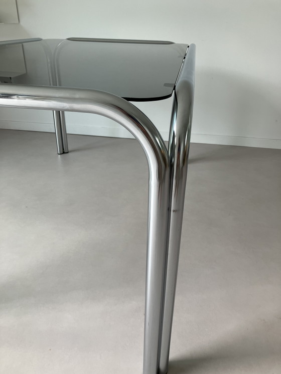1970s - Chrome Dining Table - Smoked Glass (photo 3 of 5)