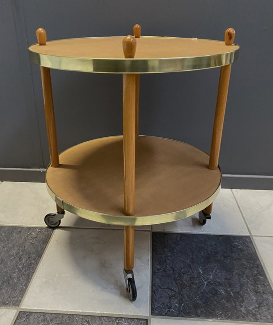 Image 1 of Wood Round Serving Trolley Side Table 1960s