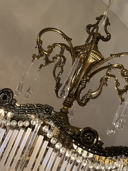 Vintage Bronze Art Nouveau Chandelier Opal Rods and Teardrop Pebbles – kroonluchters, Crystal (photo 2 of 13)