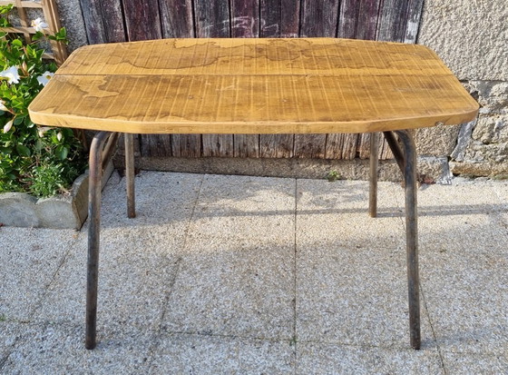 Image 1 of Kleine werkplaatstafel, onbewerkt hout, metaal, vintage, jaren 1950-1960