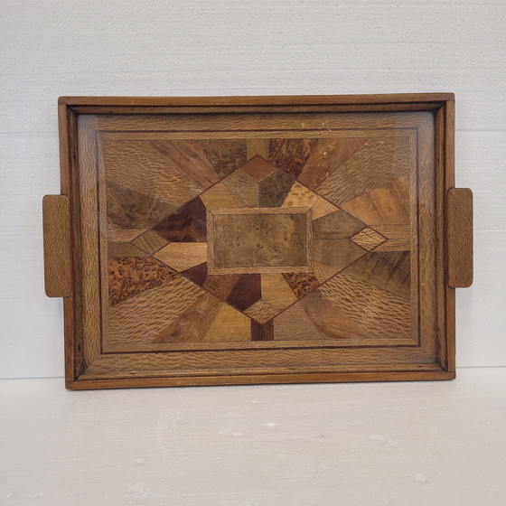 Image 1 of Bandeja Art Déco, Marquetería Y Cristal, 1950 – Francia