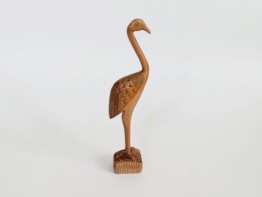 Midcentury Teak Wood Crane Sculpture, Hand Carved Bird, Scandinavian Modern Decor
