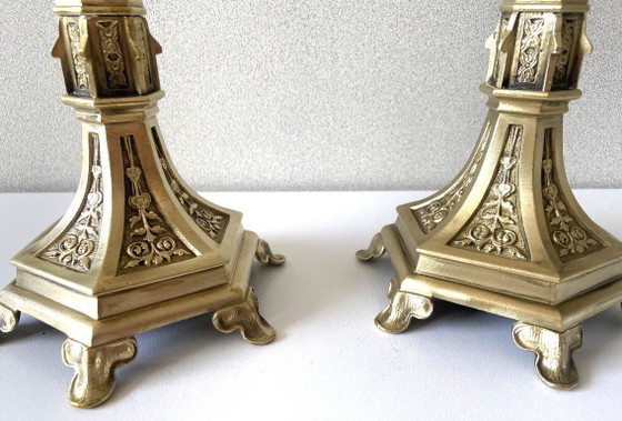 Image 1 of Pair of Antique Neo-Gothic Gilt Bronze Candlesticks