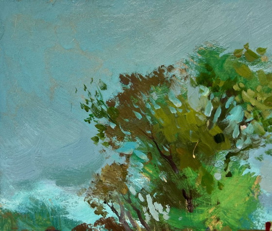 Image 1 of Pintura al óleo original Paisaje costero gris en las afueras del pueblo.