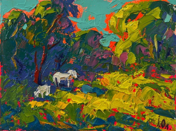 Original Oil Painting Summer Nature Landscape White Horses in the Forest – Paintings & Drawings, Canvas (photo 3 of 8)