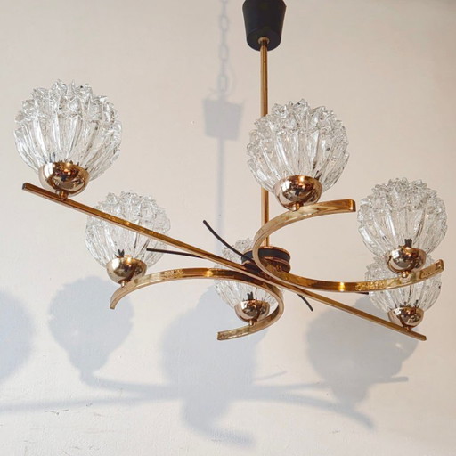 Vintage 1950s Arlus House Pendant Light in Gilded Brass, Metal & Glass