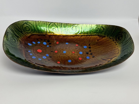 Image 1 of Large mid-century Italian Copper Bowl with Bright Enamel Decorations in warm and vibrant colors by Studio Laurana, Pesaro Italy
