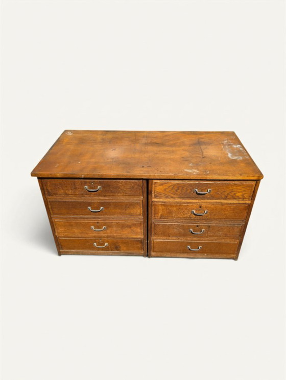 Antieke eikenhouten werkplaatskast met acht laden – Ladekasten, Metal, Wood (photo 2 of 5)
