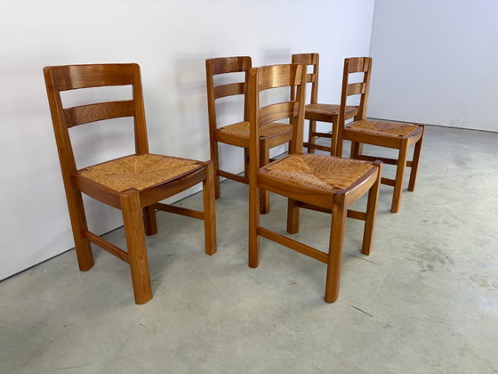 Vintage Brutalistische Eetkamerstoelen van Eiken en Rotan, Jaren 60 – Wood, Wicker (photo 5 of 9)