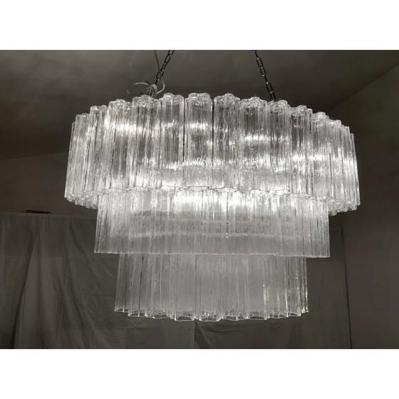 Image 1 of Contemporary Oval Transparent “Tronchi” Murano Glass Chandelier in Venini Style