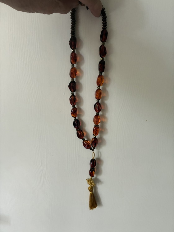 Image 1 of Collier neuf avec perles vintage marron et pompon, 59 cm