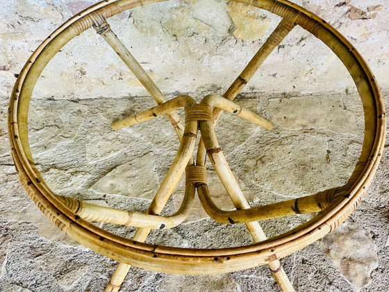 Image 1 of Tavolino vintage in rattan e bambù con piano in vetro, anni '60