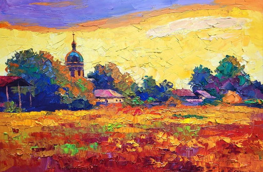 Origineel Olieverfschilderij Landelijk Landschap Weide Kerk Zonsondergang Boven Het Dorp