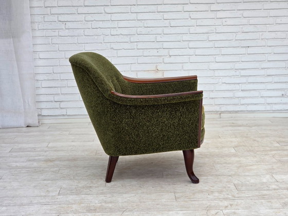 Image 1 of Anni '70, poltrona norvegese, tessuto d'arredamento verde, legno di teak.