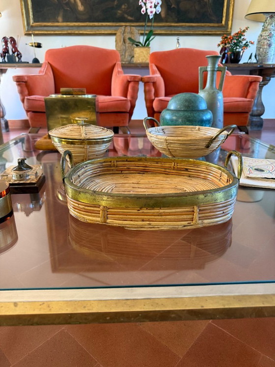 Mid-century set of 3 brass and wicker bowls, Italy ca. 1970, Decorative Objects, Rattan, Brown, Vintage (photo 4 of 10)