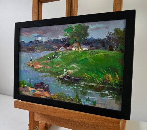 Original Oil Painting Rural Summer Landscape Village Nestled On A Quiet Shore