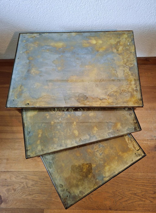 Vintage Maison Jansen style table nest in bronze and Verre Églomisé