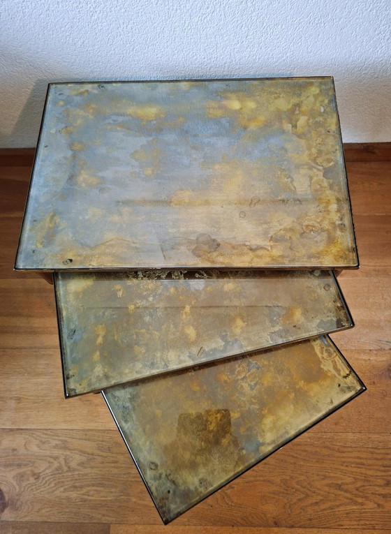 Image 1 of Vintage Maison Jansen style table nest in bronze and Verre Églomisé