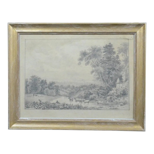 19. Jahrhundert Europäische Schule Pastorale Landschaft mit Rindern, Graphitzeichnung