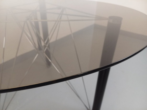 Image 1 of Vintage round dining table in smoked glass, black metal and chrome metal from the 80s
