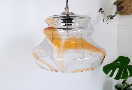 Vintage 1970 Yugoslavian Pendant Light / Mid-Century Glass Ceiling Lamp / Retro Amber Swirl Hanging Light