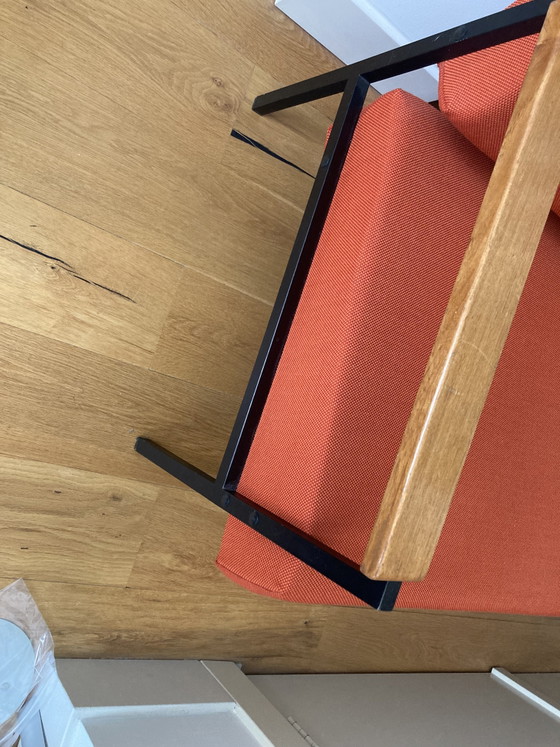 Design 3-Seater Sofa - Orange Upholstery - Black Metal Frame - Wooden Armrests – 3-5 seaters, Textile (photo 4 of 15)