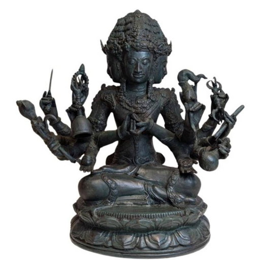Brahma monumental indonésien en bronze à quatre visages et quatorze bras – beeldhouwkunst, Gold