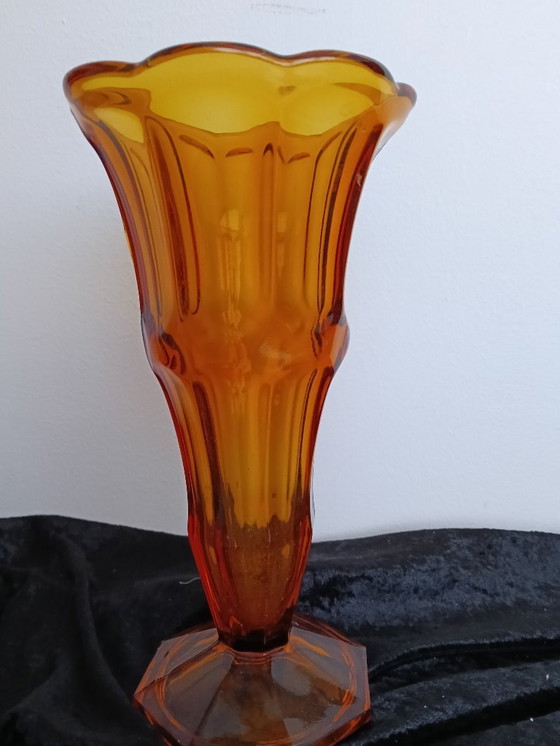 Image 1 of Amber color pressed glass art deco model vase