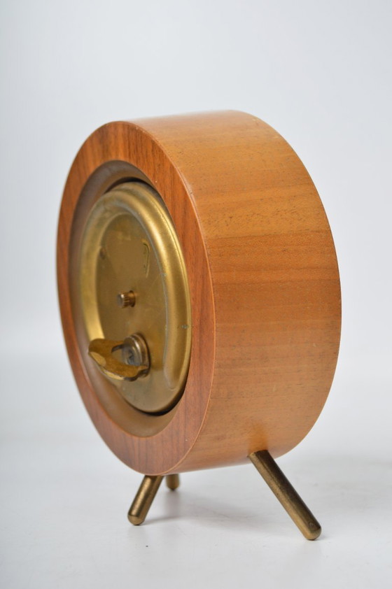 Image 1 of Mid Century Clock by Kienzle / Teak & Brass / Tripod Desk, Table or Shelf Clock / Germany, 1960's