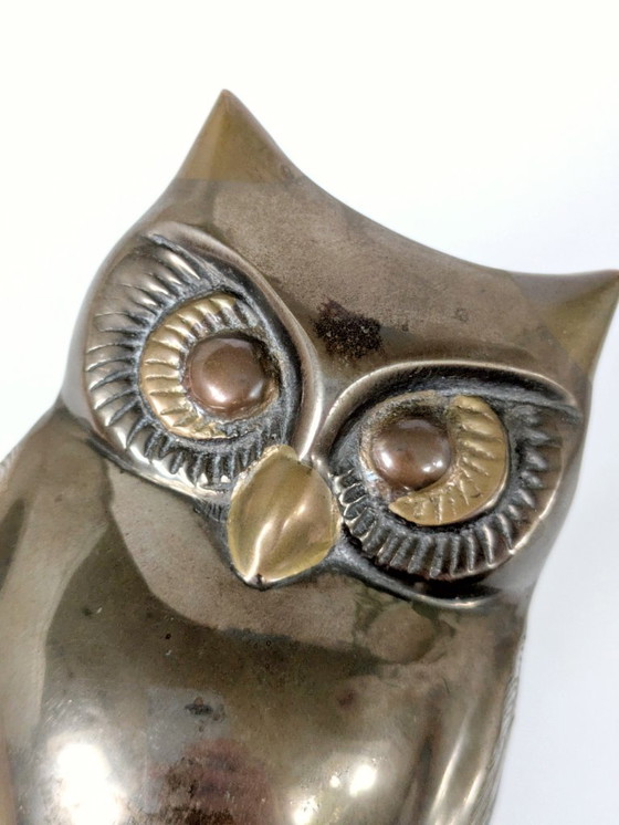 Image 1 of Statuetta vintage di gufo in metallo misto, ottone, bronzo, rame, artigianato indiano, anni '70