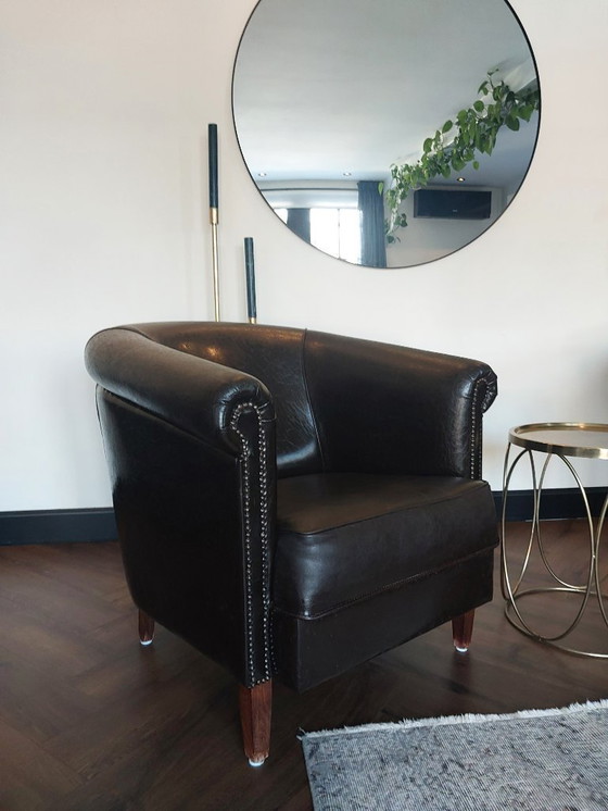 Image 1 of 2 Leren clubfauteuils – vintage / industrieel – echt leer – donkerbruin