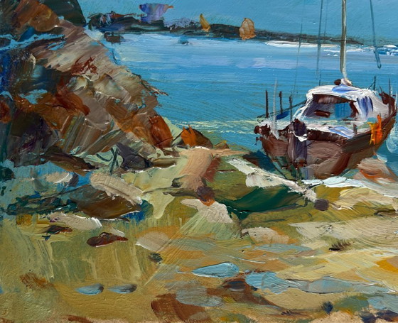 Image 1 of Origineel olieverfschilderij: Zomers zeegezicht, voorbereiding op een zeereis.