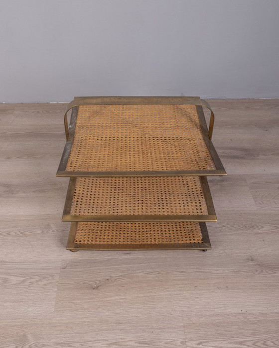 Image 1 of PORTARIVISTE VINTAGE ANNI 60 IN OTTONE E PAGLIA DI VIENNA DESIGN ITALIANO