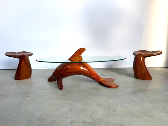 Polyte Solet Dolphin Coffee Table And Stools, 1990s – Glass, Wood (photo 3 of 16)