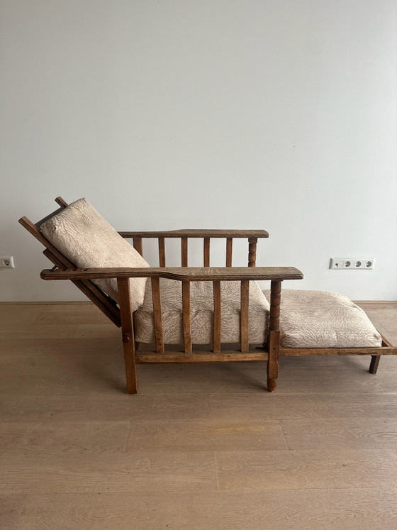 Vintage wooden adjustable recliner chair / lounge chair, good condition, Textile, Beige (photo 2 of 5)