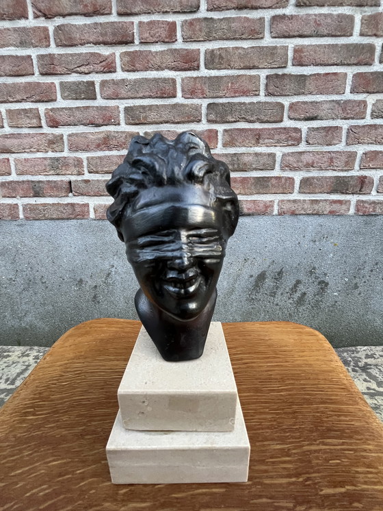 Image 1 of Statue on a travertine pedestal of Lady Justice, Dea Bendata