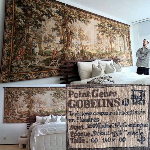 Large custom-made Jules Pansu French tapestry with 18th-century royal hunting scene 'en Forêt de Compiègne' 390 x 157 cm