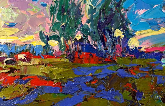 Image 1 of Original Oil Painting Evening Summer Landscape The whisper of the breeze in the fields