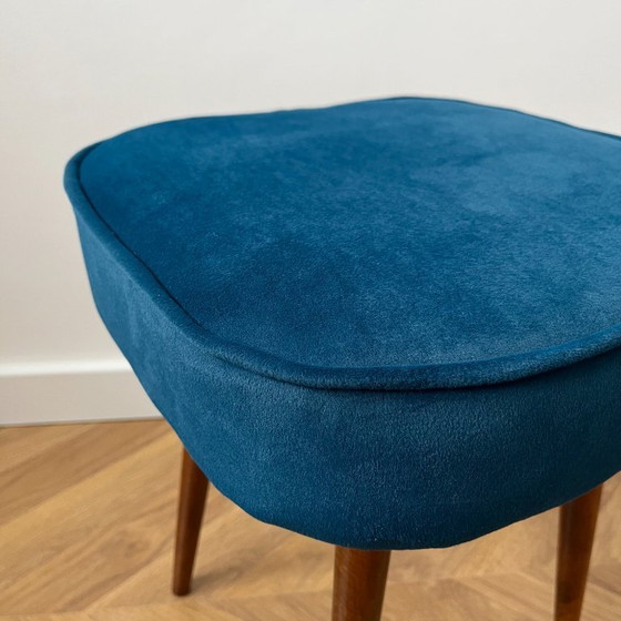Image 1 of Vintage Velvet Footstool in Dark Teal, Mid Century Modern Stool with Wood Legs