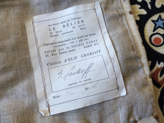 Image 1 of Tapisserie zodiacale Le Bélier en laine, carton d’Élie Grekoff, édition Tanit, Paris, circa 1970