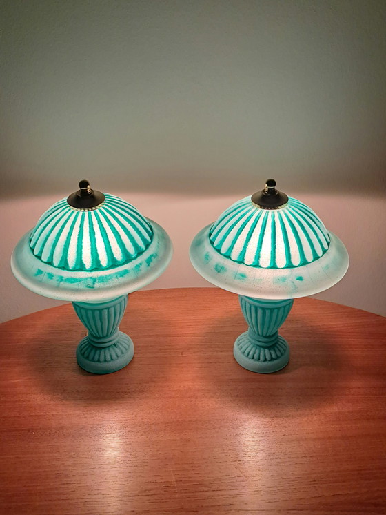 Image 1 of 🔵🟡 2 Vintage Glass & Brass Table Lamps – Turquoise – Excellent Condition