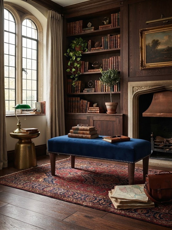 Mid-Century Hungarian Bench in Blue Velvet with Nailhead Trim – Benches, Wood, Mid Century Modern (photo 6 of 6)