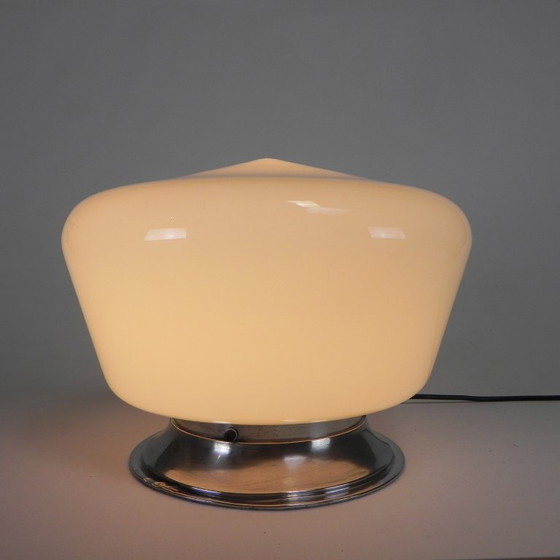 Art Deco ceiling light with round opaline shade, 1930s, Glass, Aluminium, White (photo 6 of 11)