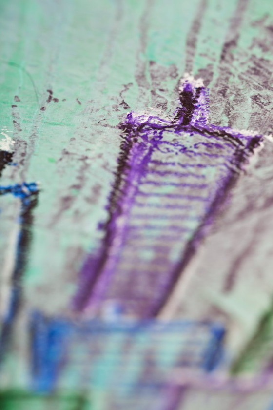 Image 1 of Contemporary paintig in teal, purple and green shades, acrylic on canvas