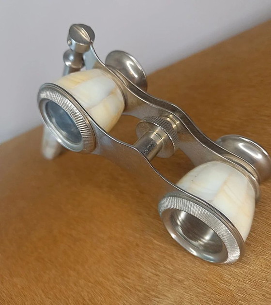 Image 1 of Vintage theatre glasses (opera glasses), made of metal and finished with mother-of-pearl (nacre) shell inlay.