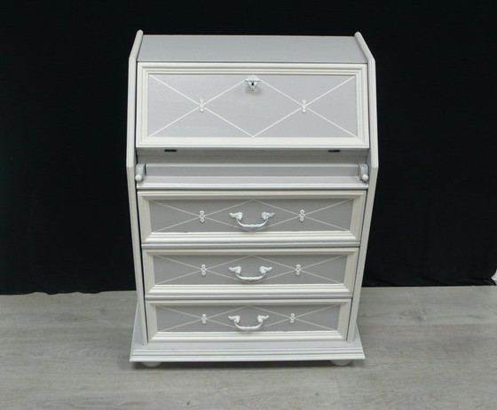 Image 1 of Piccola segretaria vintage stile antico shabby grigio chiaro + bianco, 3 cassetti