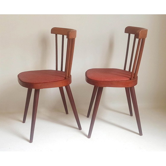 Image 1 of Pair of vintage model 740 chairs in beech and red leatherette for Baumann, 1950